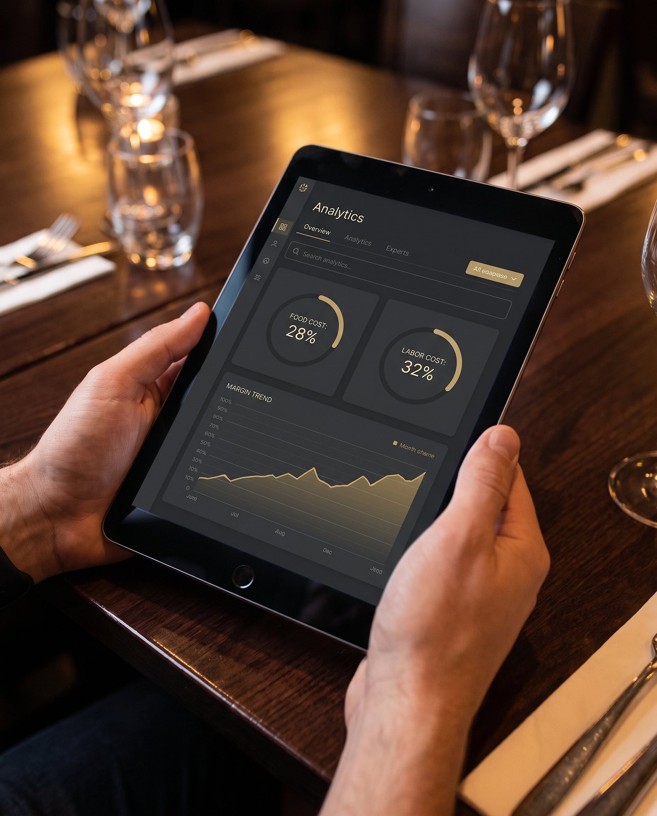 Dashboard con indicatori di food cost, labor cost e margine