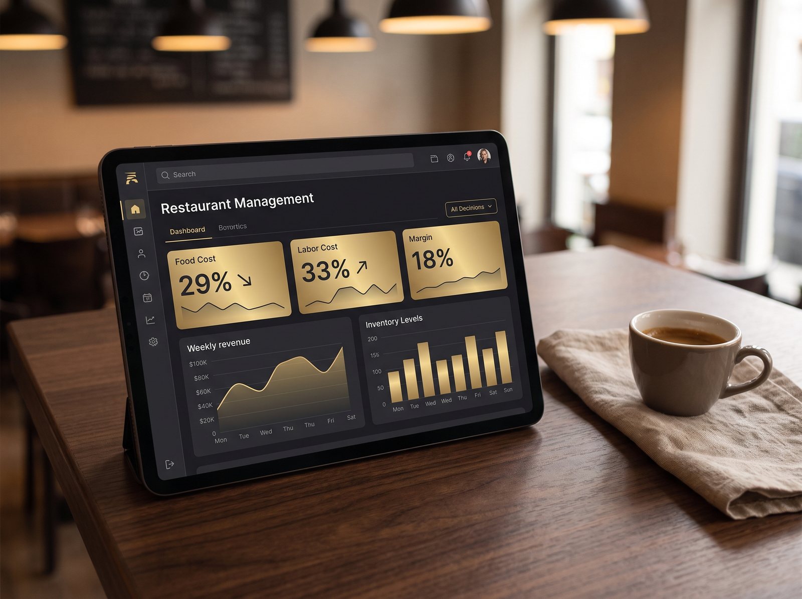 Dashboard gestionale su tablet con food cost, labor cost e margini