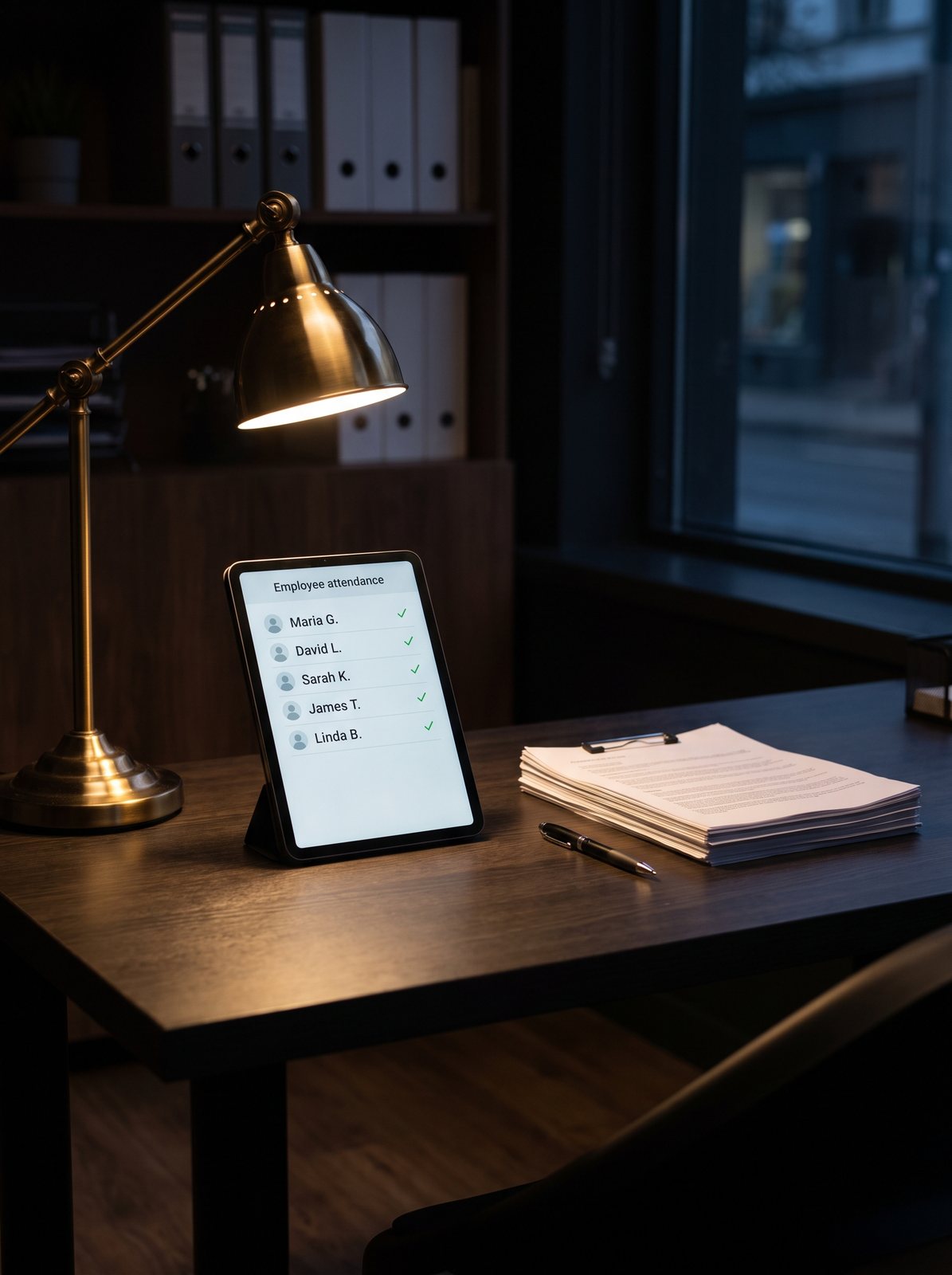 Presenze digitali su tablet nella scrivania ordinata del back office
